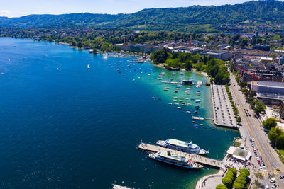 High angle view of boats in bay