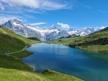 Scenic view of lake and mountains against sky