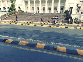 High angle view of people on city street