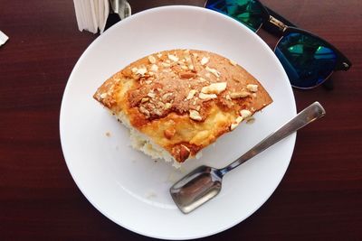 High angle view of cake in plate on table