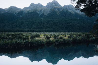 Scenic view of lake and mountains against sky