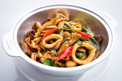 High angle view of food in bowl on table