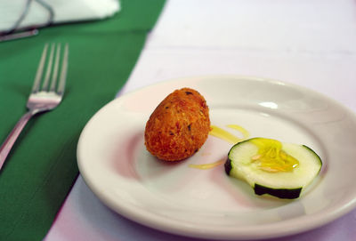 High angle view of dessert in plate on table