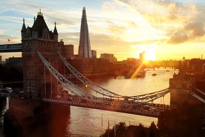 Bridge over river in city against sky during sunset