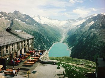 High angle view of valley and tourist resort