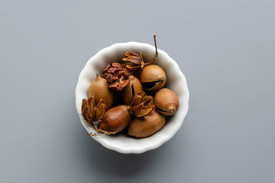 High angle view of eggs in bowl on table