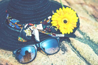 High angle view of sunglasses on flowering plant