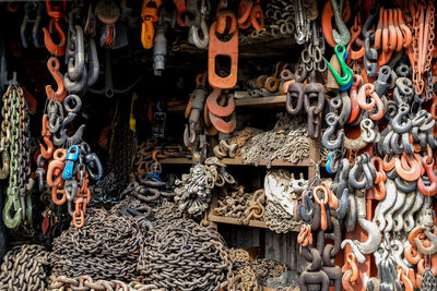 High angle view of various hanging for sale at market stall