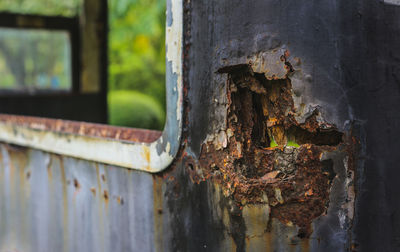 Close-up of rusty metallic train