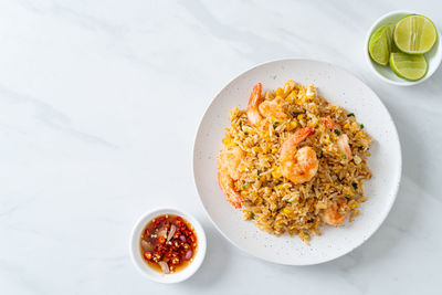 High angle view of food in plate on table