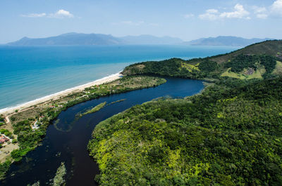 Scenic view of sea and mountains against sky