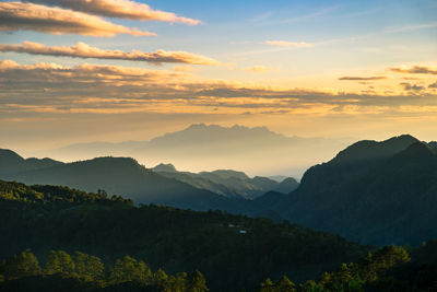 Scenic view of mountains against sky at sunset