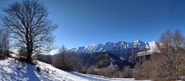 Scenic view of snowcapped mountains against clear blue sky