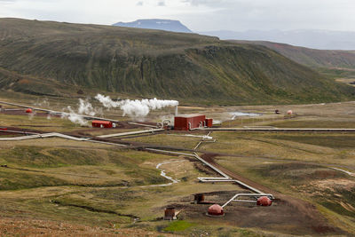 Scenic view of land and mountains against sky