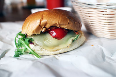 Close-up of burger on table