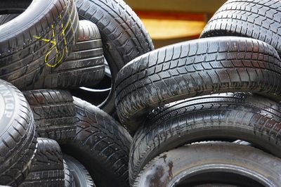 Close-up of stacked tires