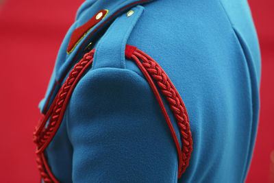 Close-up of red wearing mask against gray background