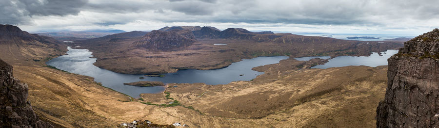 Panoramic view of lake and mountains against sky