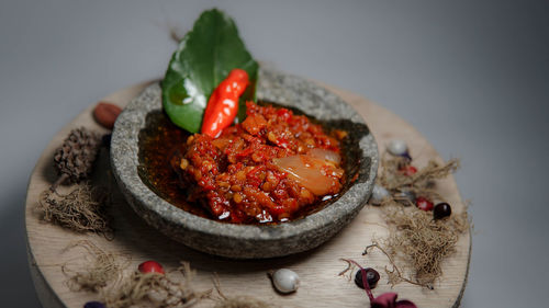 High angle view of food in plate on table