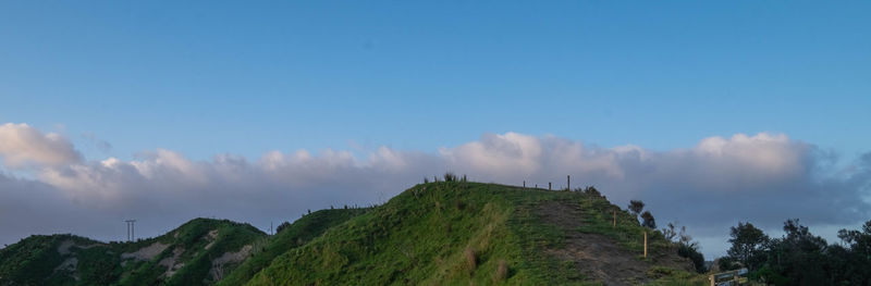 Panoramic view of trees and mountains against blue sky