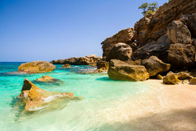 Rocks on beach against clear blue sky