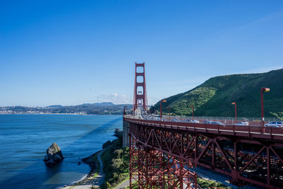 Golden gate bridge over bay against clear blue sky