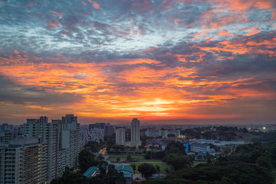 Aerial view of buildings against sky during sunset
