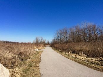 Road amidst trees against clear blue sky