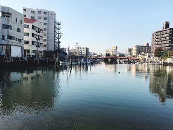 Reflection of city in water against clear sky