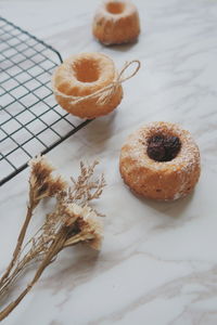 High angle view of dessert on table