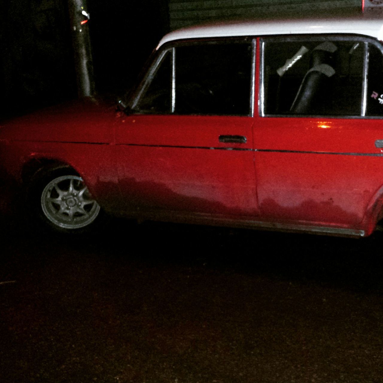 transportation, land vehicle, mode of transport, car, red, headlight, close-up, street, stationary, vintage car, wheel, part of, outdoors, no people, night, old-fashioned, road, retro styled, vehicle