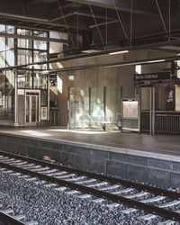 Railroad station platform seen through glass window