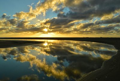 Reflection of clouds in water at sunset