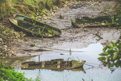 Boats sunk in an estuary at low tide