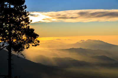 Scenic view of silhouette mountains against orange sky