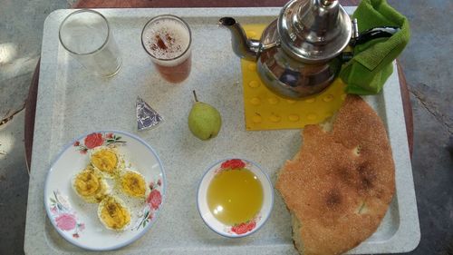 High angle view of breakfast on table