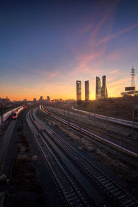 High angle view of railroad tracks by buildings against sky during sunset