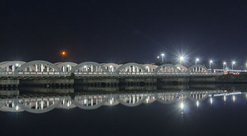 Reflection of illuminated water in lake against clear sky at night