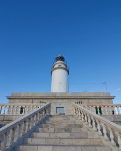 Low angle view of lighthouse against clear blue sky