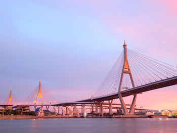 View of suspension bridge at sunset