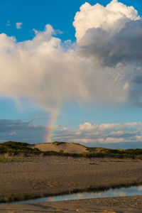 Scenic view of rainbow over lake against sky