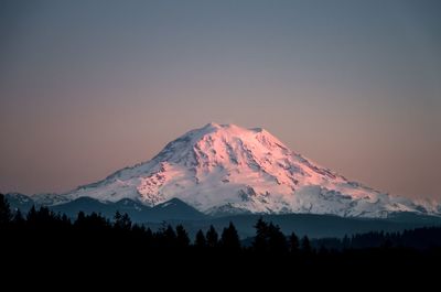 Scenic view of snowcapped mountains against sky during sunset