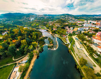 High angle view of city against sky