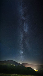 Scenic view of mountains against star field at night