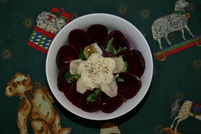 High angle view of food served on table