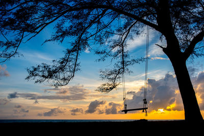 Swing hanging from tree against sky during sunset