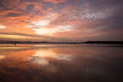 Scenic view of sea against orange sky