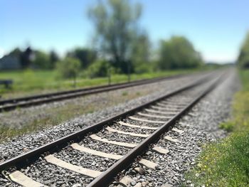 Close-up of railroad track against clear sky