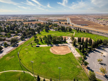 High angle view of cityscape against sky