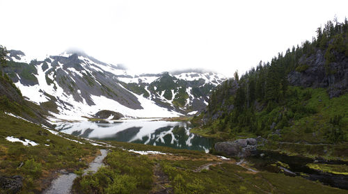 Scenic view of snowcapped mountains against clear sky